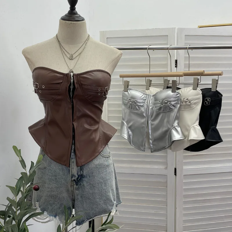 Women Faux PU Leather T-shirt With Built In Padded Anti Slip Strip Spicy Girl Waist Cinch Hook Fastener Sleeveless Tops 2785