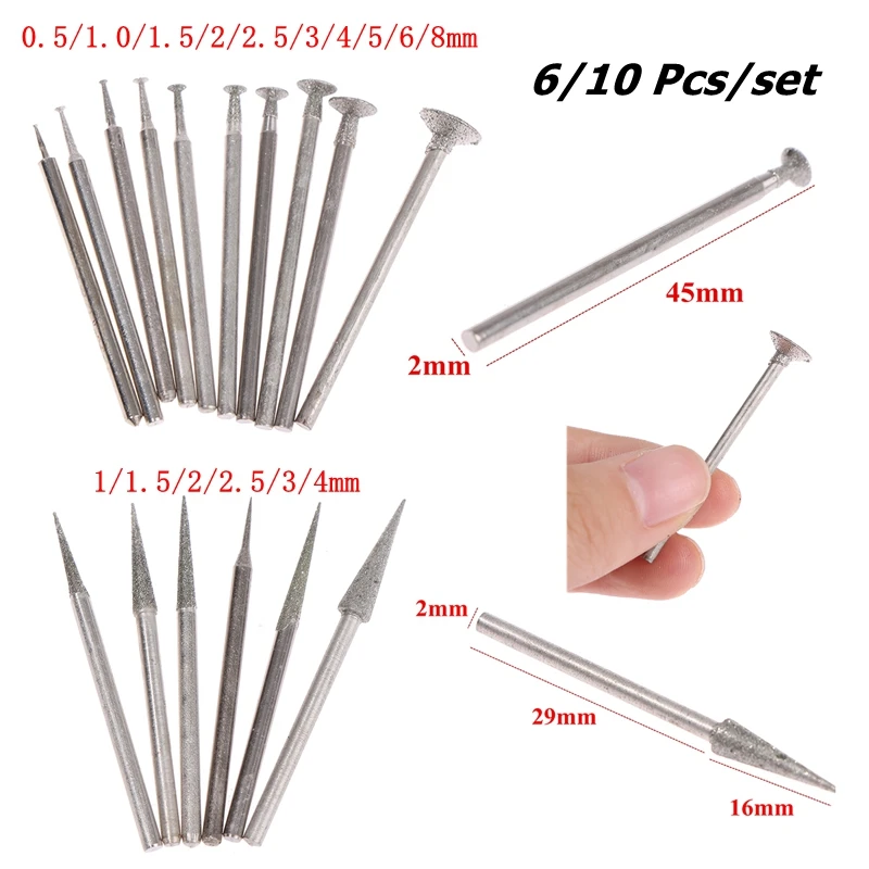 6/10Pcs 2.35mm Shank Diamond Mounted Point Grinding Head Stone Jade Carving Polishing Engraving Tool