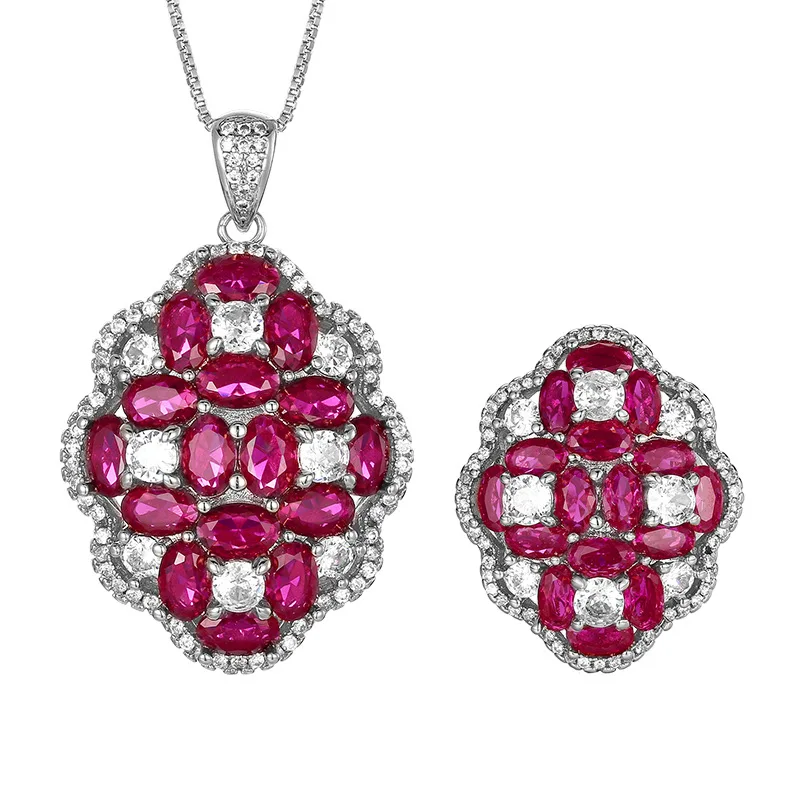 Exquisite Ruby Red Clear CZ Floral Shaped Adjustable Ring Necklace Vintage Statement Jewelry for Women, Elegant Party Gift