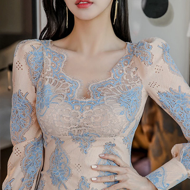 H Han Queen Spring New Elegant Simple Slim Knee-lengtgh Sheath Vestido Women's Flowers Lace Dresses Office Bodycon Pencil Dress