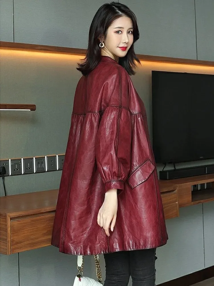 Mid Long 100% Genuine Leather Jacket Women Sheepskin Cape Sweet Lady Round Neck Loose Windbreaker OL Casual Outwear Trench Coat