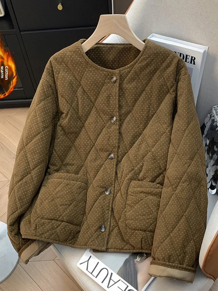 

Ретро-куртка из вельвета с утолщенным хлопковым утеплителем, круглый вырез, повседневный стиль, женское зимнее пальто, приталенный дизайн, узор в горошек