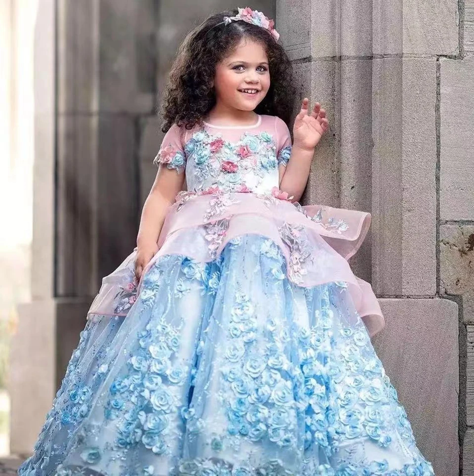 Vestido de encaje azul de lujo para niñas, apliques 3D, vestido de flores para boda, vestido de baile de princesa, manga corta, vestidos de desfile, primera comunión, 2023