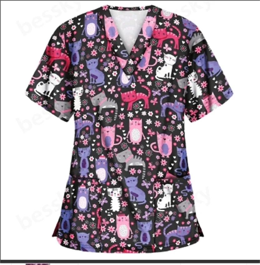 

Women's cartoon print short-sleeved V-neck nurse top