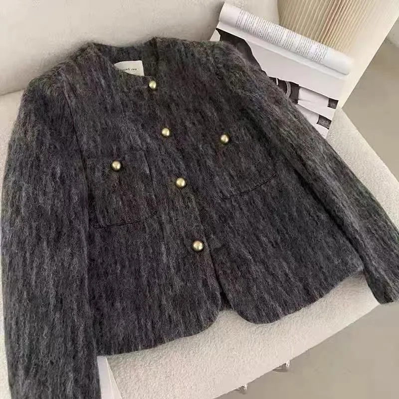 Elegant Tweed Jacket Women Classic Gray Fluffy Single Breasted Pockets Commuter Coat Fashion Slim Chic Office Lady Outwear