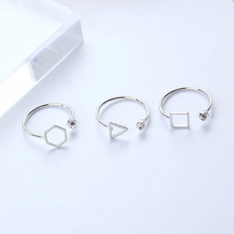 Korean Silver Color Opening Crystal Engagement Ring Women Jewelry Simple Geometry Triangle Square Rhinestones Party Rings Gift