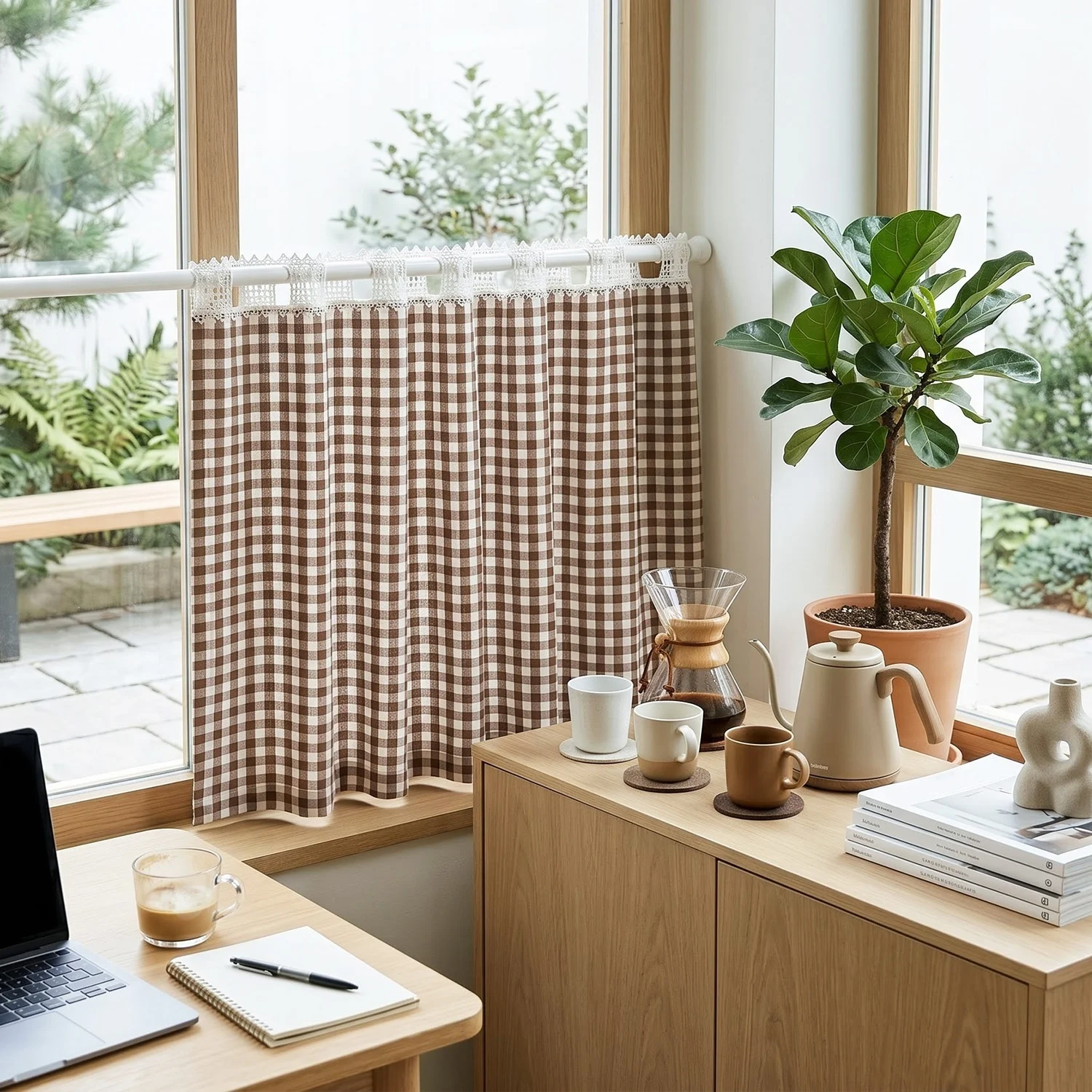 Brown White Gingham Plaid Cafe Short Curtain Rustic Farmhouse Light Filtering Privacy Eyelet Curtain for Kitchen Cabinet