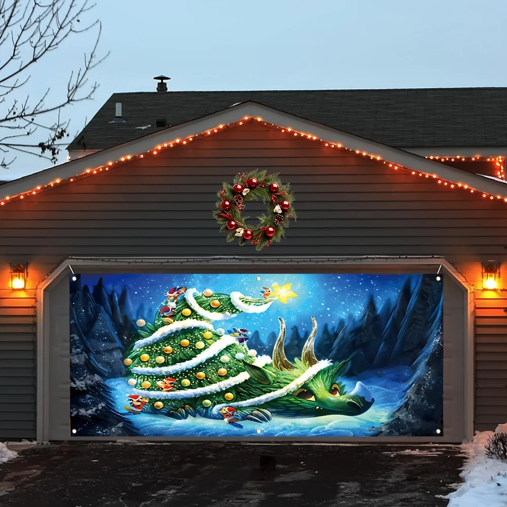 2D дверной флаг: 1 флаг с крышкой для рождественских гаражных ворот, универсальный дизайн дракона и рождественской елки для праздников