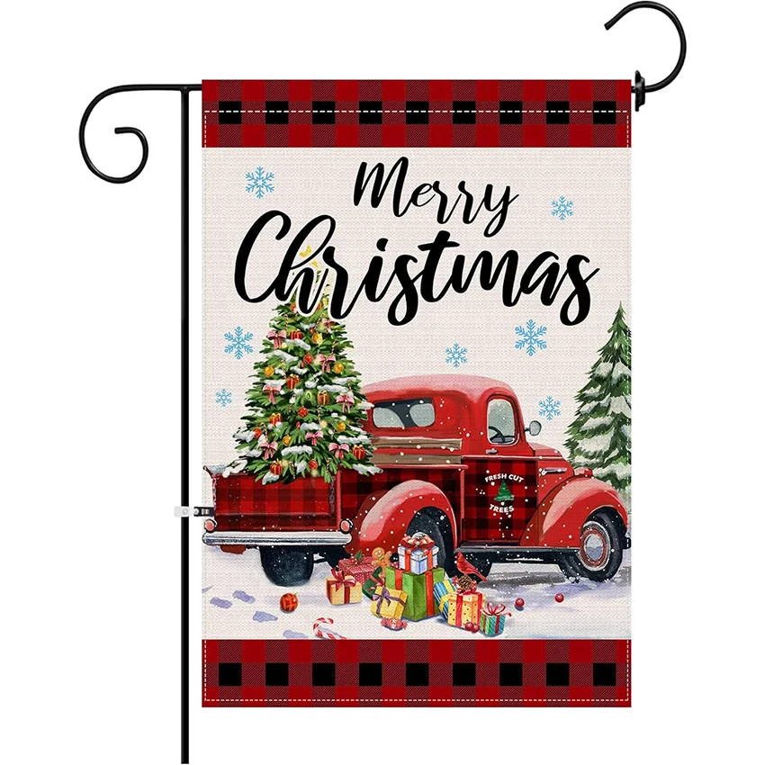 Christmas Garden Flag 12x18 Double Sided Red Truck Christmas Tree House Banner Outdoor Decoration Use To Welcome The Holidays