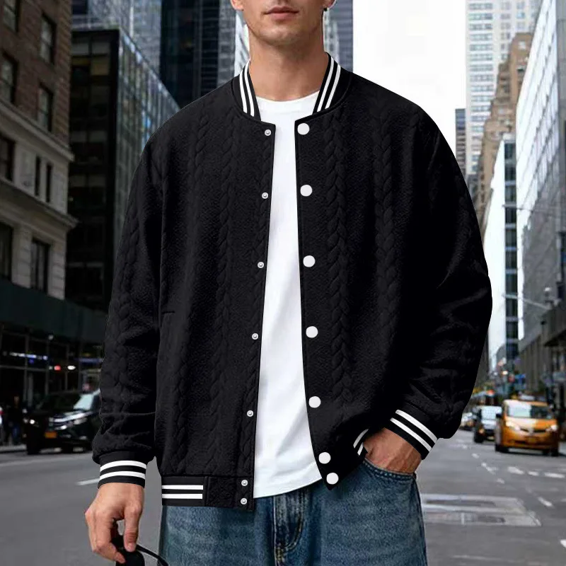Knit Cardigan Coats Men Baseball Jackets Ribbed Collar Long Sleeve Y2k Streetwear Jacket Single Breasted Work Outerwear Autumn