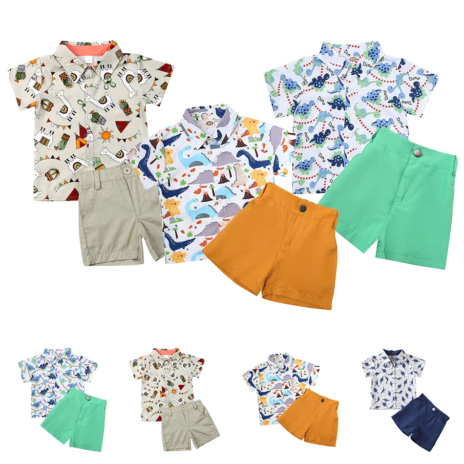 Boys Dinosaur Print Fashion Casual Short Sleeved Shirt Shorts Two Piece Set Children Cartoon Animal Short Sleeved Set 1-5Y