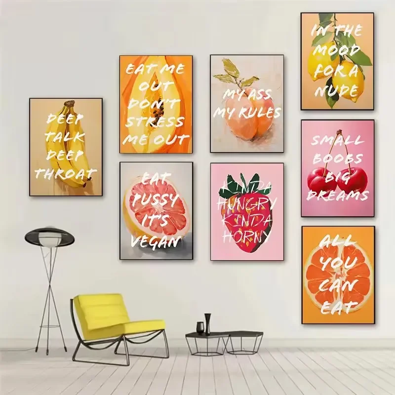 Fruits Fun Quote Posters Eat Me Out Papaya Peachy Orange Prints Canvas Painting Wall Art Pictures Feminine Home Kitchen Decor