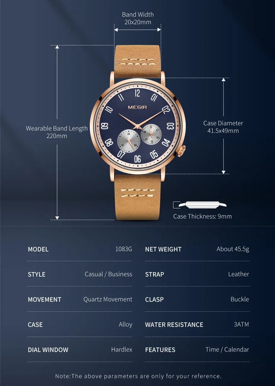 MEGIR 1023, mode sporthorloge, kaki lederen band, kalender, lichtgevende wijzers, waterdichte heren quartzhorloges