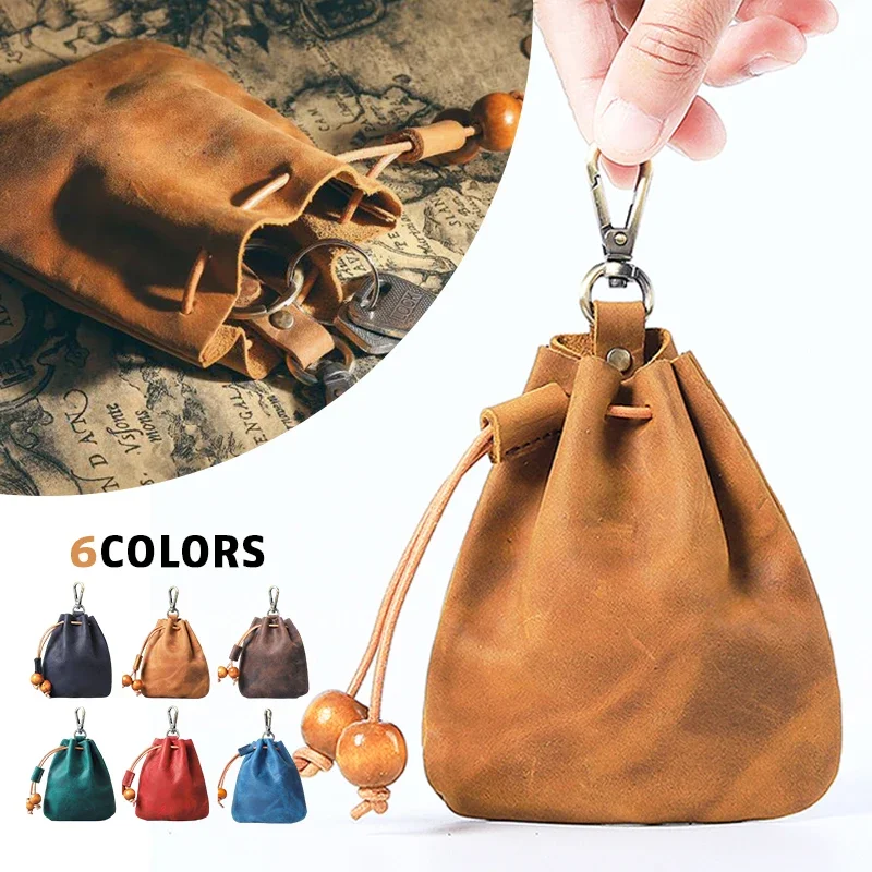 New Unisex Handmade Genuine Leather Dice Coin Purse with Metal Hook Portable Retro Drawstring Wallet for Money Storage