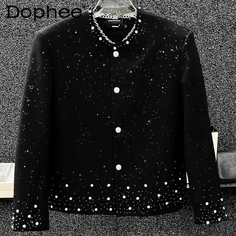 

Men's 2025 Autumn New Fashion Padded Shoulder Pearl Starry Sky Small Fragrant Tops High-End Short Diamond-Studded Jackets Coats