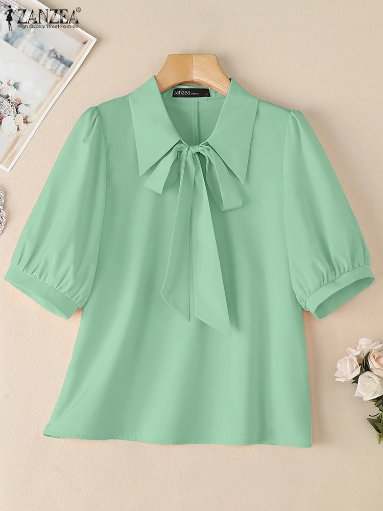 

ZANZEA Summer Elegant Short Sleeve Bow Tie Shirt Office Women Blouses Stylish Solid Work OL Tops Casual Lapel Neck Blusas Tunic