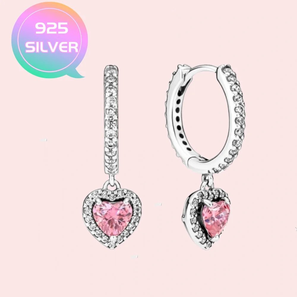 Fashion Pink Halo Heart Hoop Earrings 925 Sterling Silver fit for Pandora Women's Girly Birthday Gifts Jewelry Accessories