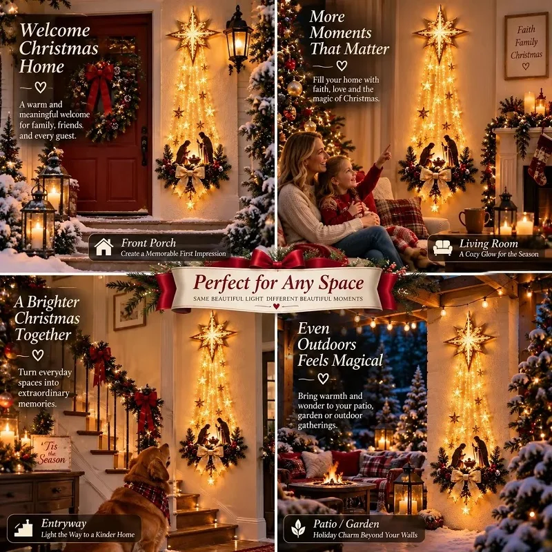 Christmas /Bethlehem Star of Faith/ Lighted Nativity Wall Decor Glowing Christmas Hanging Ornament LED Lights Indoor Decor Party