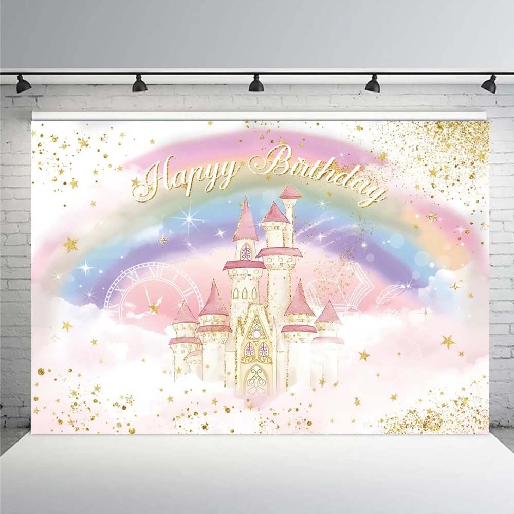 Regenboog Kasteel Fotografie Achtergronden Goud Glitter Eenhoorn Maan Kleurrijke Wolken Baby Douche Meisjes 1e Verjaardag Foto Achtergrond