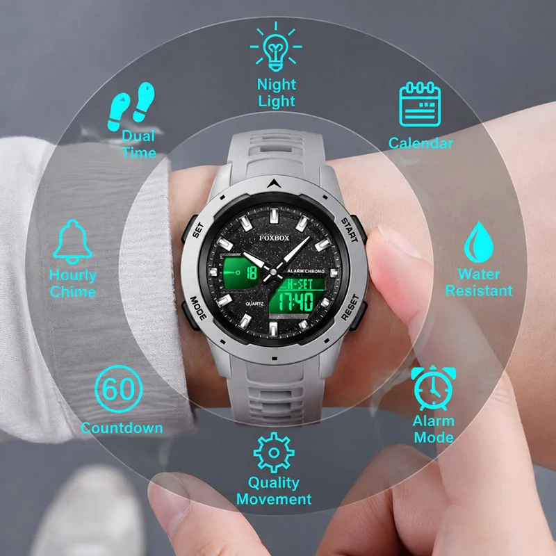 FOXBOX Outdoor Men Digital Sport Watch Waterproof Dual Display Watch Men Luminous Alarm Stopwatch Quartz Wristwatch Montre Homme