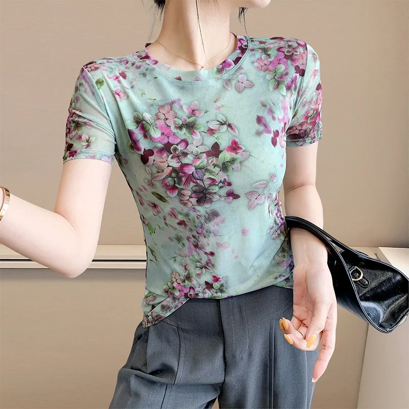 

Футболка Faionable с цветочным принтом ort Sve, женская облегающая круглая футболка Ne Me Top Street Sle, летнее новое поступление для похудения...