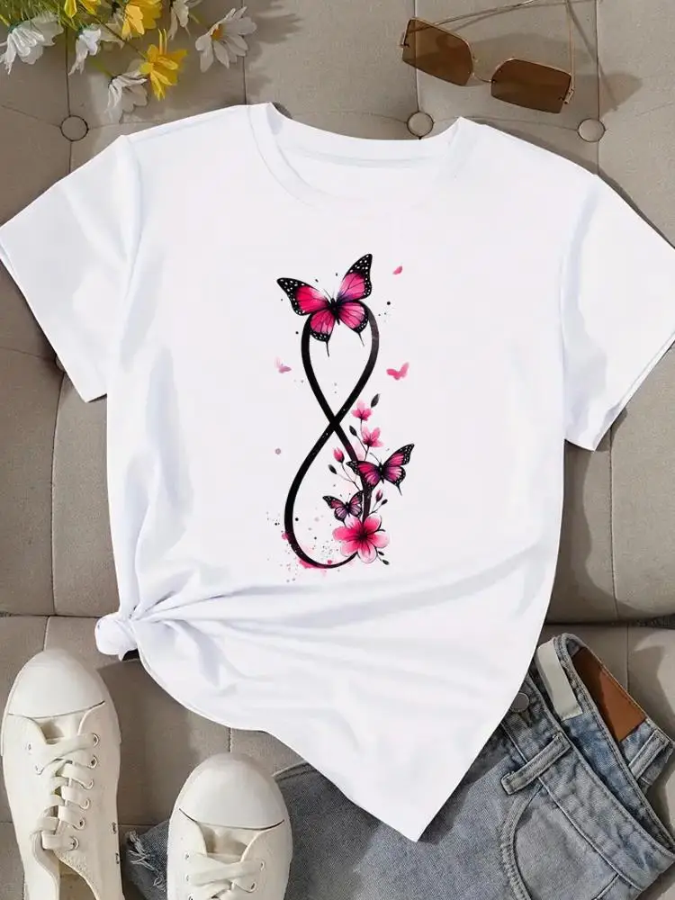 Camisetas gráficas t roupas de moda imprimir popular casual doce vintage borboleta flor feminina o-pescoço manga curta camisetas