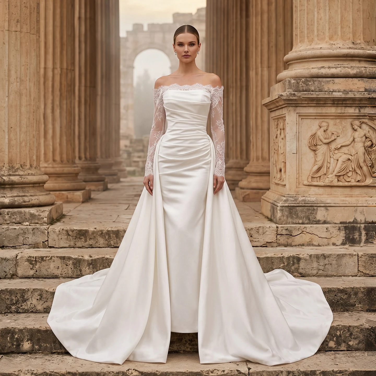Sharon Said Elegant Ivory Satin Mermaid Wedding Dress Off Shoulder Detachable Overskirt Long Sleeve Bridal Gowns SW691 Customize