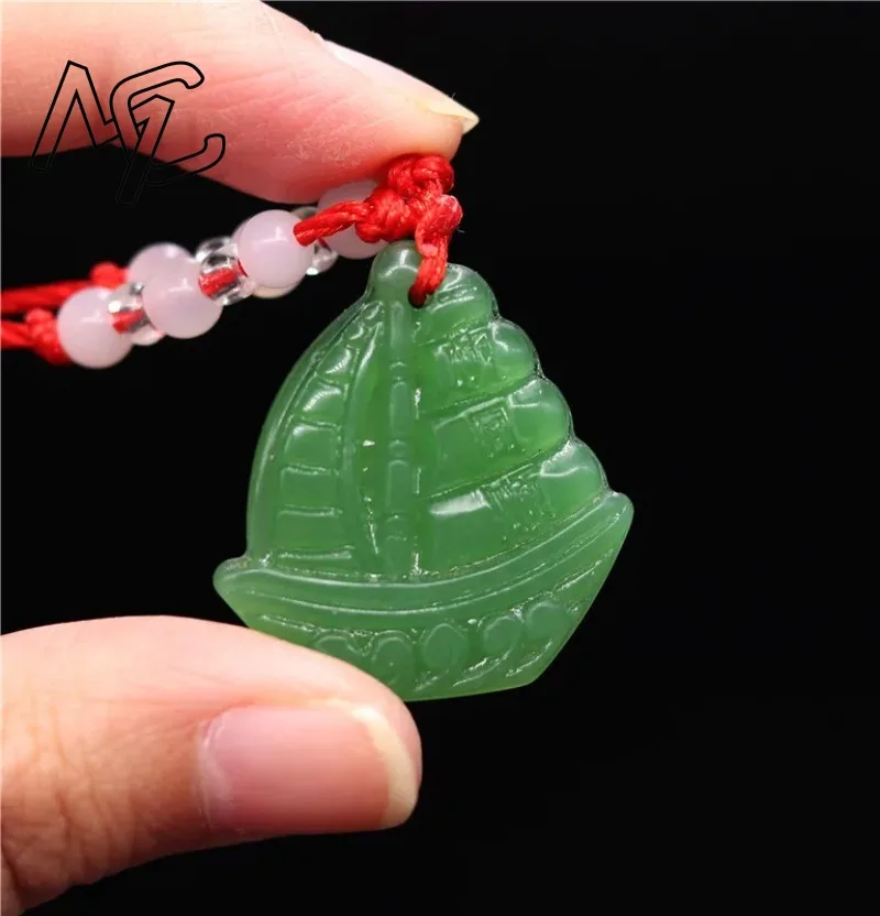 Chinese Green Jade Smooth Sailing Pendant Necklace Jewellery Hand-Carved Relax Healing Women Man Luck Gift Free Rope Amulet P15