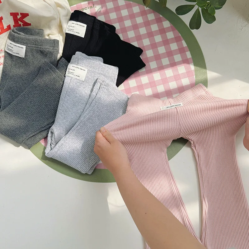 1-8 Y Girls Solid Elasticity Trousers Children's Summer Fit Leggins Flares Pants Kids casual Wearing Long Pant for Outdoor