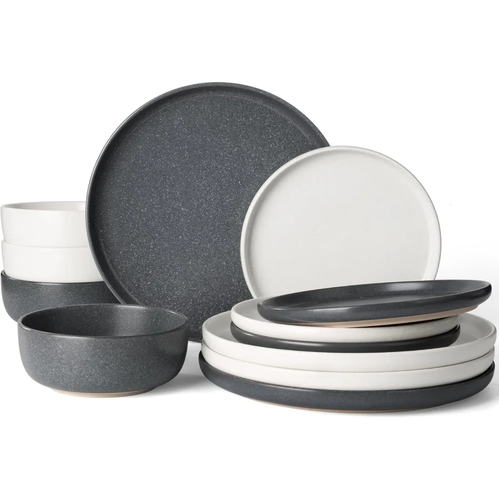 

Famiware Milkyway Plates and Bowls Sets, 12 Pieces Dinnerware Sets, Reactive Glaze Dish Set, Stoneware Dishes Set for 4, Matte W