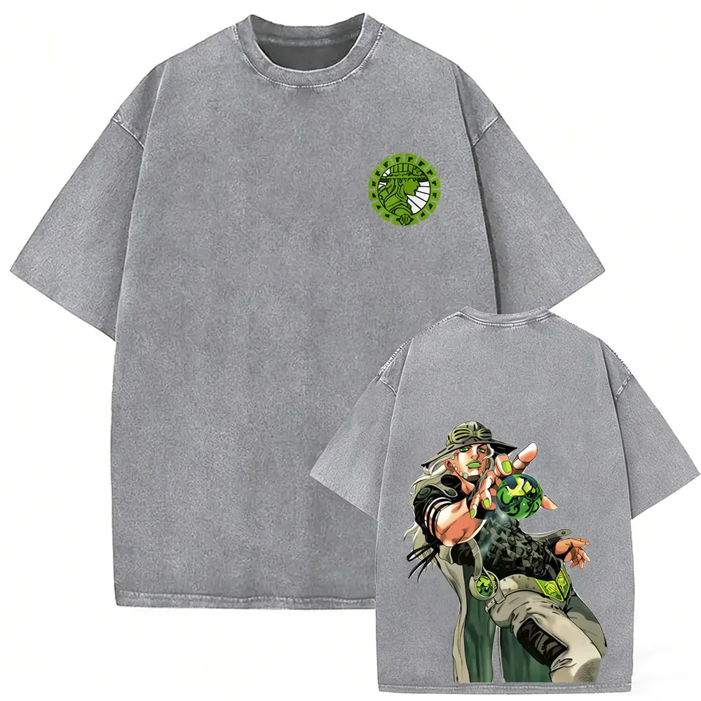 

Anime Jojo Bizarre Adventure Steel Ball Run Vintage Washed T Shirt Men Retro Oversized T-shirt Male Manga Casual Cotton T-shirts