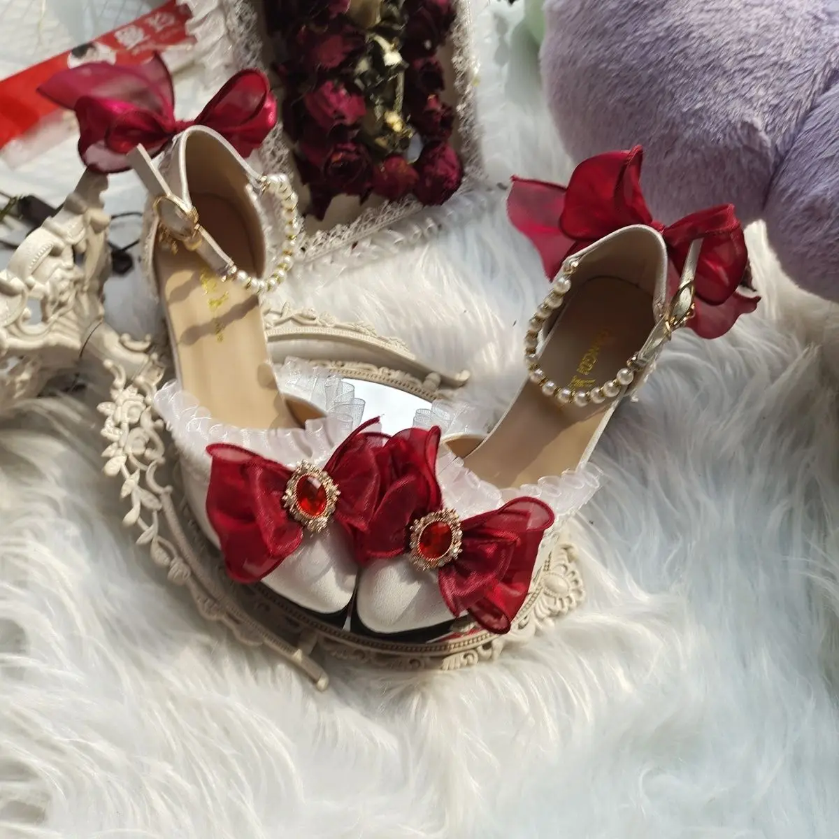 Dames Lolita handgemaakte hoge hakken wijnrode trouwschoenen
