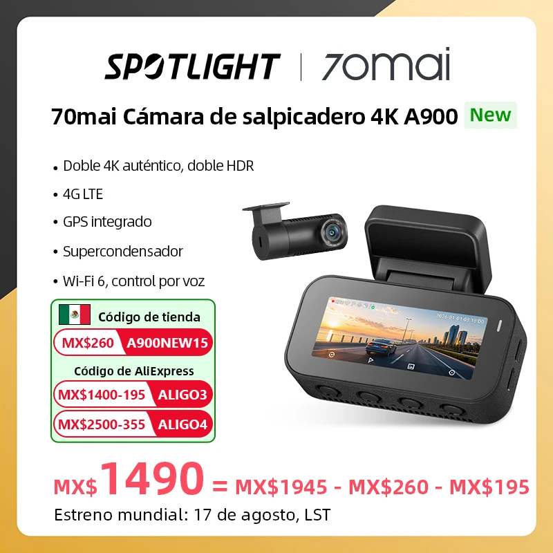 Imagen de 【Nuevo】Cámara para Auto 70mai A900 Dual 4K y HDR con Apertura f/1.55, Supercondensador, Wi-Fi 6, GPS, Alerta de Fatiga del Conductor, 4G Cloud LTE, DVR para Auto