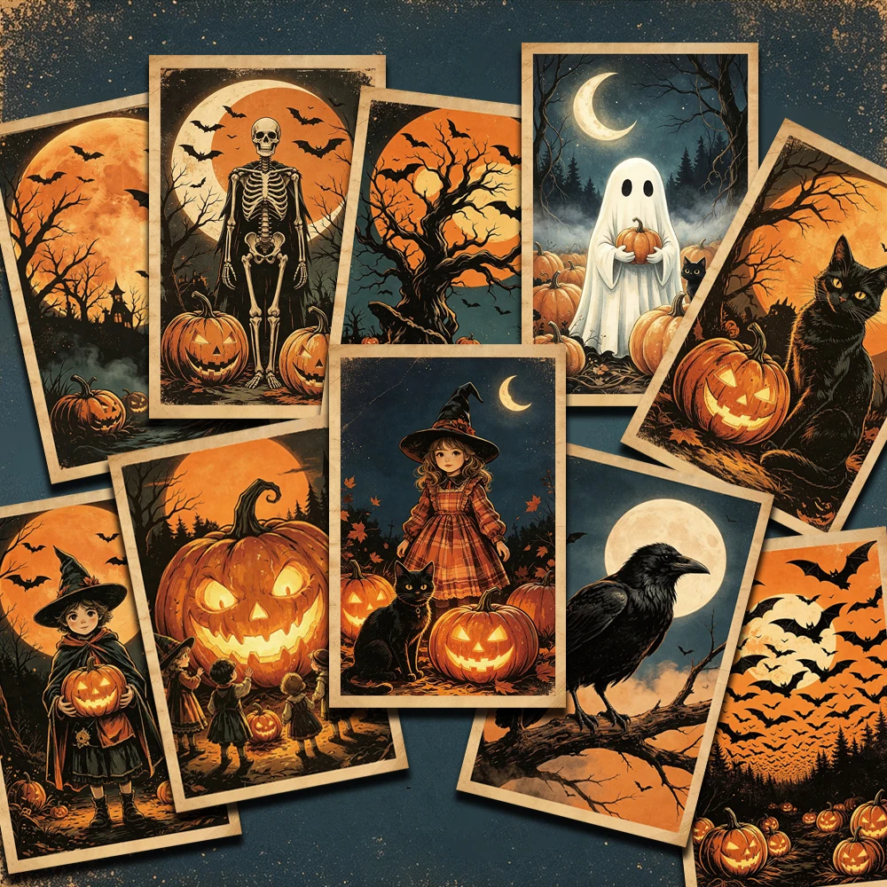 `12Pcs Vintage Halloween Postcards Retro Spooky Pumpkin Witch Ghost Black Cat Skeleton Greeting Cards Halloween Wall Party Decor