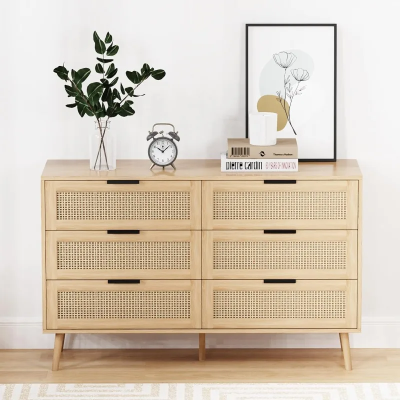 Dresser for Bedroom with 6 Drawer, Wood Dressers & chests of Drawers with Gold Knobs, Modern Storage Drawers for Entryway