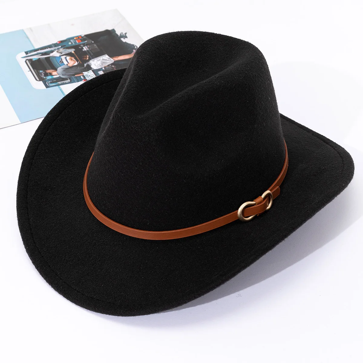 British style belt soft felt hat for men and women top hat, flat brim gentleman hat, woolen jazz hat, western cowboy hat