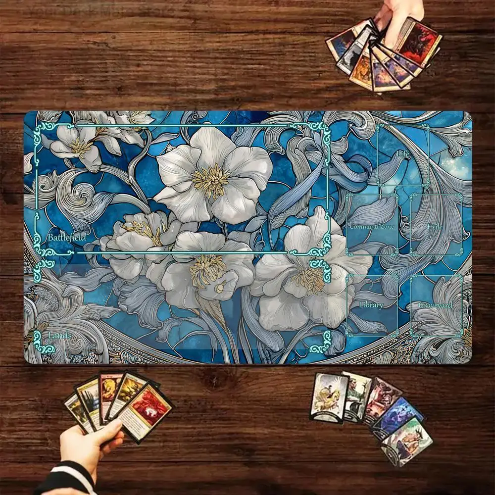 Wunderschöne weiße Blumen Magic Card Battle Mat MTG Playmat Anti-Rutsch-Basis 35X60CM Sammel-Spielmatte Brettspielmatte für TCG