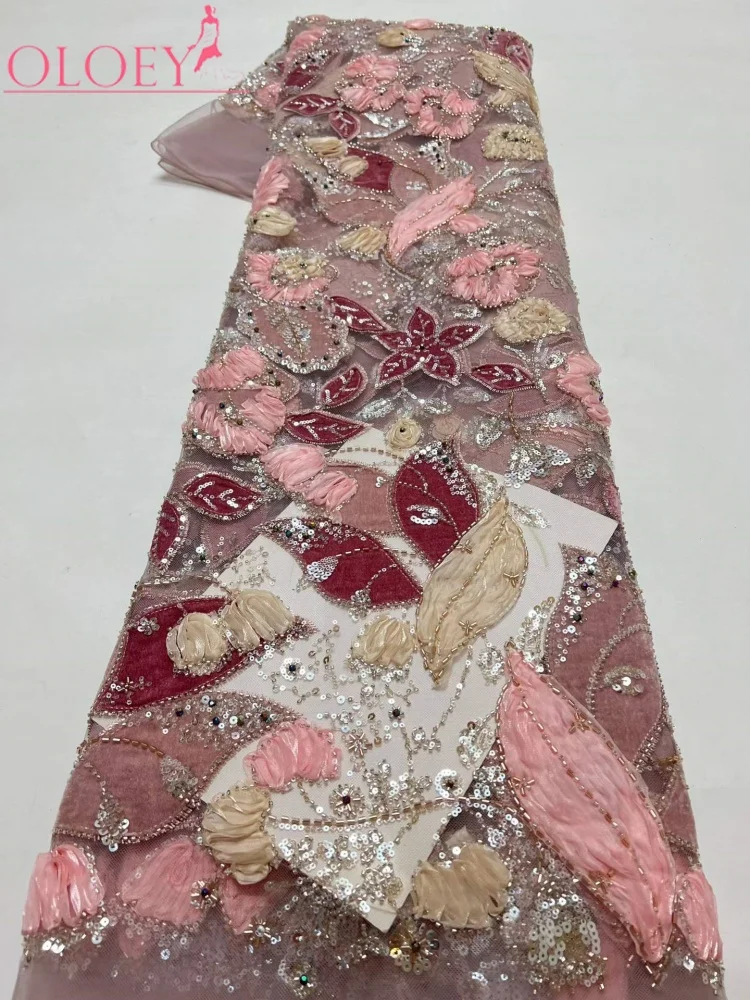 OLOEY African Sequins Beaded Lace Fabric  High Quality 5 Yards Nigerian French Lace Fabric for Clothing DIY Crafts