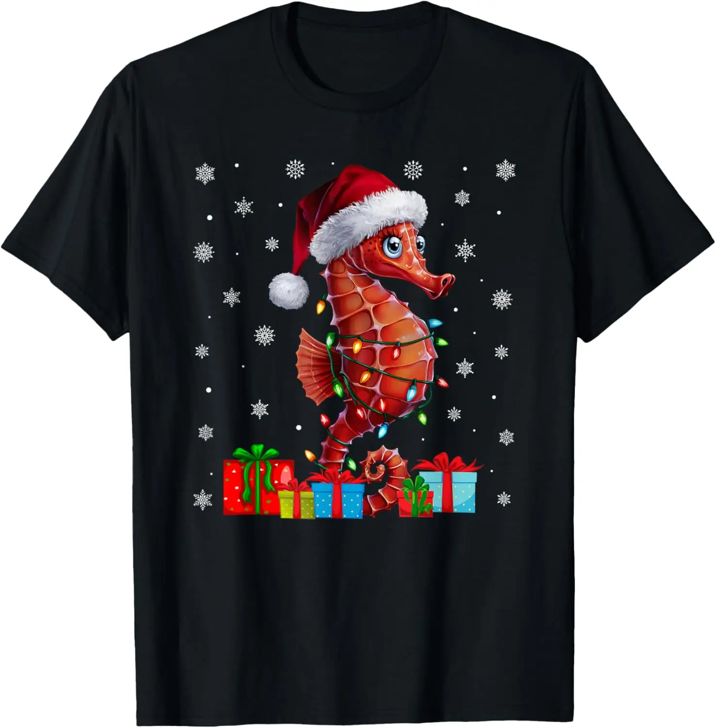 Caballito de mar Luces de Navidad feas Sombrero de Papá Noel Caballito de mar Camiseta navideña