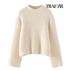 TRAF ZR Round Neck Pullover Y2k Solid White Crop Knit Women Sweater Vintage Women's Winter Sweaters O-neck Pullovers