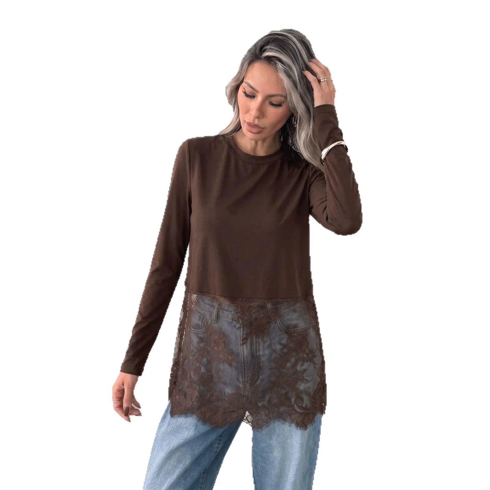 Patchwork Long Sleeve Top Mid Length American European Style with Date Straight Cut Autumn Streetwear Women Long Sleeve Shirt