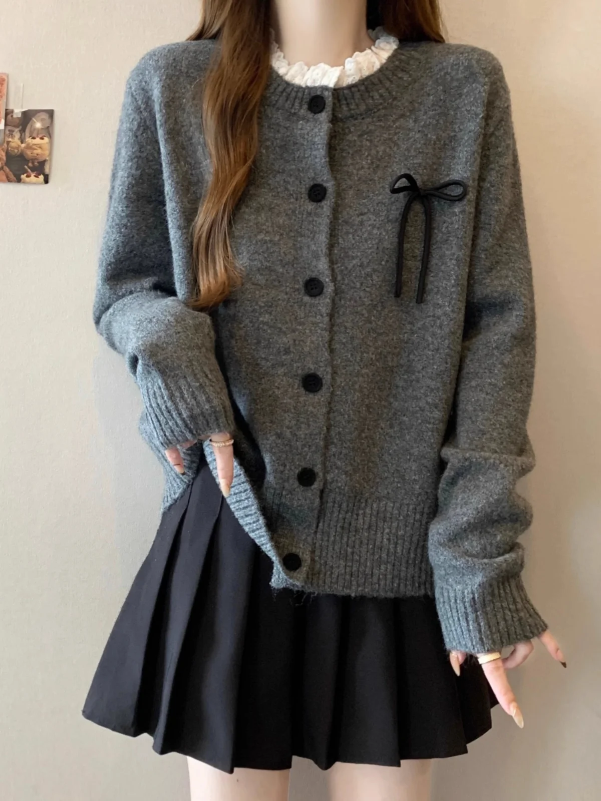 

Вязаный кардиган с бантом, утепленный, женский, весенне-осенний, модный топ в корейском стиле, свободный крой, длинный рукав