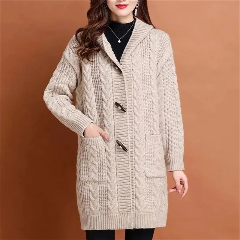 Autumn Winter Thick Sweater New Style Knitted Outerwear Women\'s Cardigan Medium Long Hooded  loose Cardigan Knit Sweater Coat