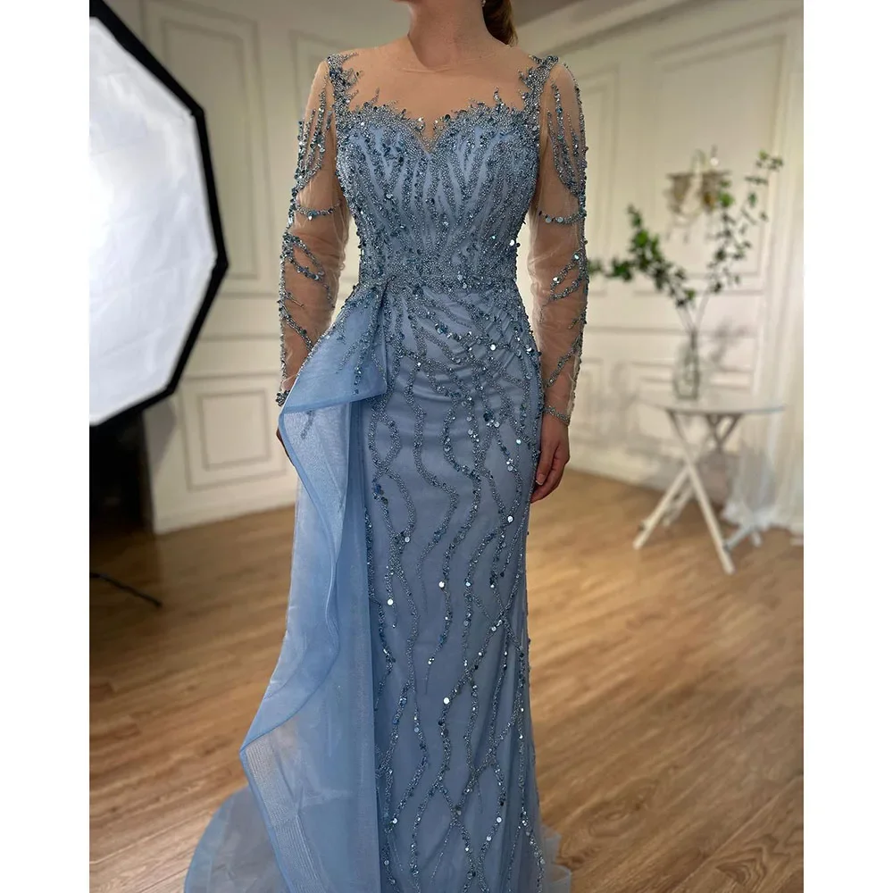 

Элегантные синие вечерние платья русалки с длинными рукавами и высоким разрезом по индивидуальному заказу, кружевные, расшитые бисером, с боковой юбкой, вечерние платья для дня рождения