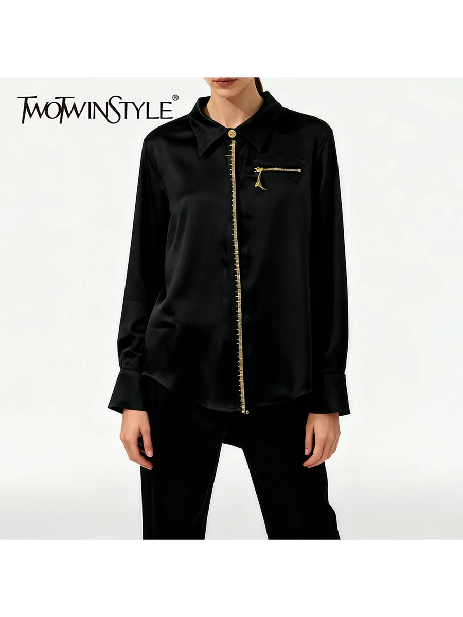 

TWOTWINSTYLE Solid Loose Spliced Embroidery Casual Shirts for Women Lapel Long Sleeves Patchwork Zipper Basics Shirt Female New