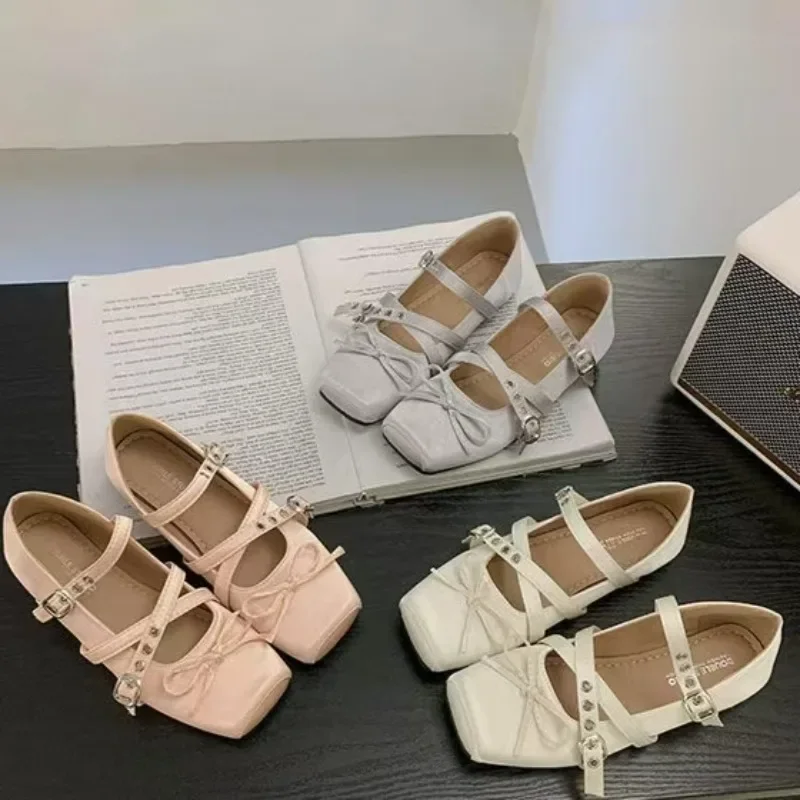 

Женская обувь Мэри Джейн на плоской подошве, новые летние универсальные модельные балетки с квадратным носком и неглубоким носком, повседневные балетки на плоской подошве