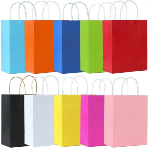 5/10/15/20/25pcs Candy Colorful Shopping Bags With Handle Kraft Paper Bags for Wedding Birthday Party Decoration Gifts Supplies