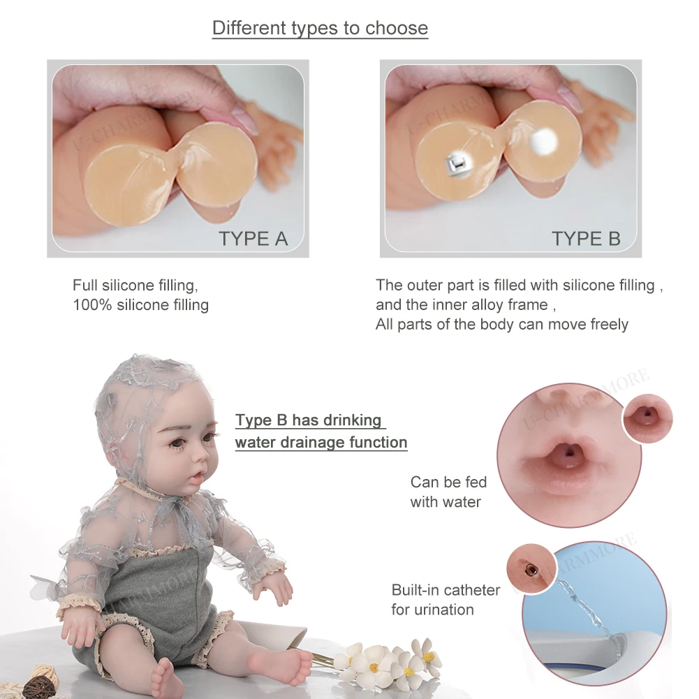 U-Charmmore-Realistic Reborn Silicone Baby Doll, realista boneca recém-nascida, brinquedos infantis, presente coleção de arte