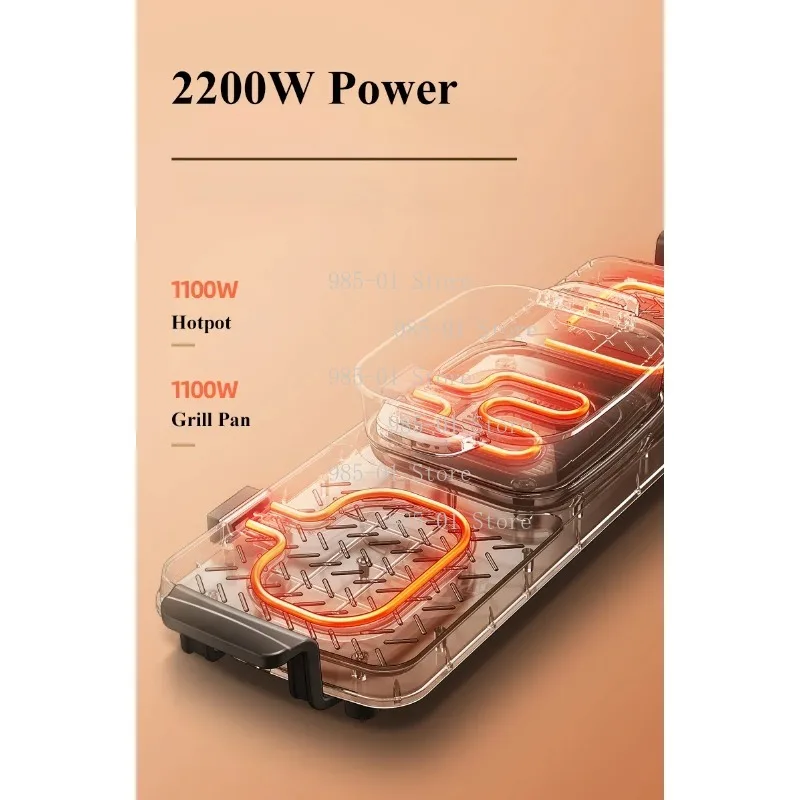 220V indoor double electric grill, modern smokeless hot pot and BBQ pan with top table design in black