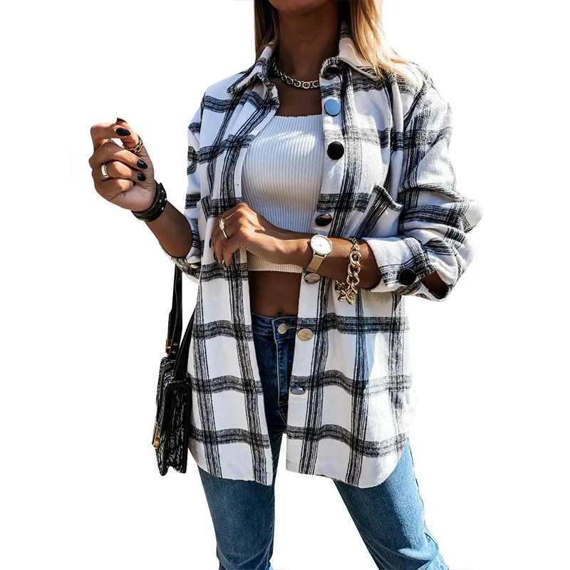 Checkered Shirt Women\'s 2021 Autumn/Winter New Loose Medium Long Woolen Jacket For Women